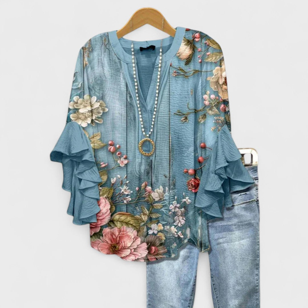 Cordelia | Women’s Printed Blouse with Ruffled Sleeves