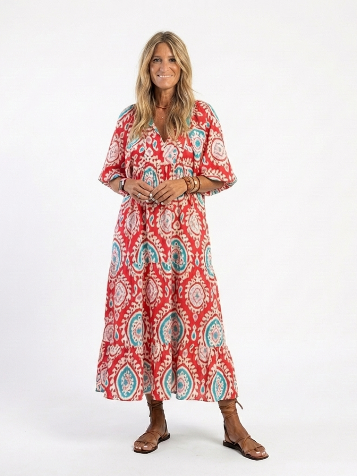 ZARIA | PAISLEY PRINT V NECK SHORT SLEEVE MIDI DRESS