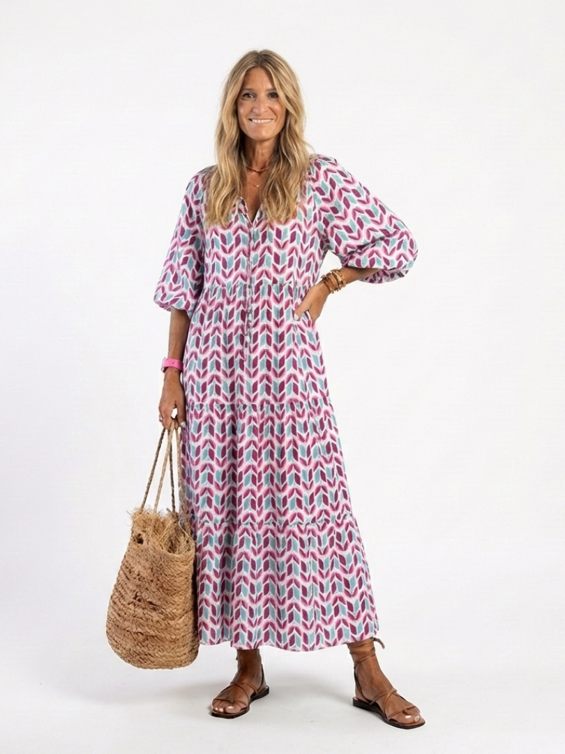 MIREYA | GEOMETRIC PRINT LONG SLEEVE TIERED MIDI DRESS
