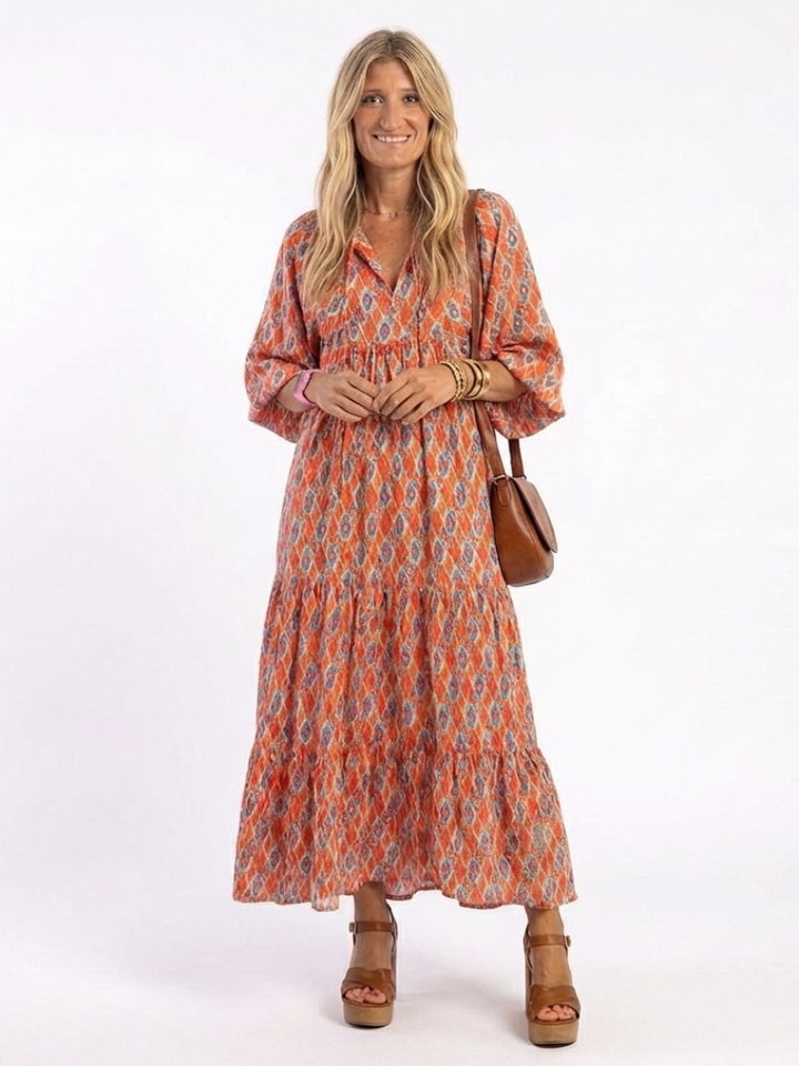 AMARA | GEOMETRIC PRINT V NECK TIERED MIDI DRESS