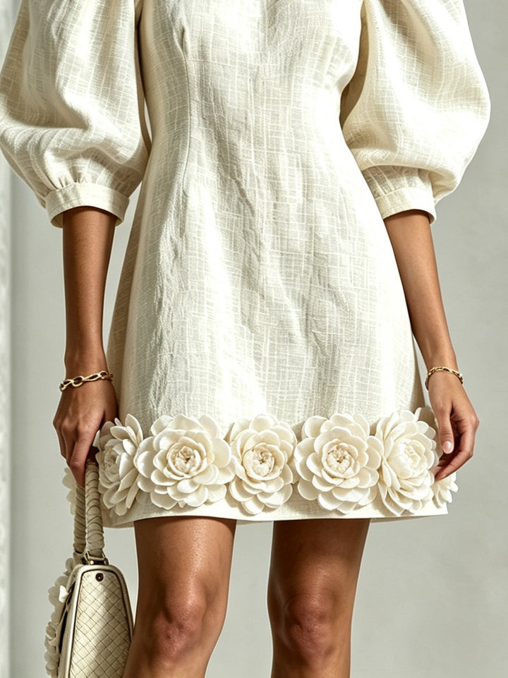 Cressida | 3D Floral Puff-Sleeve Cotton-Linen Dress
