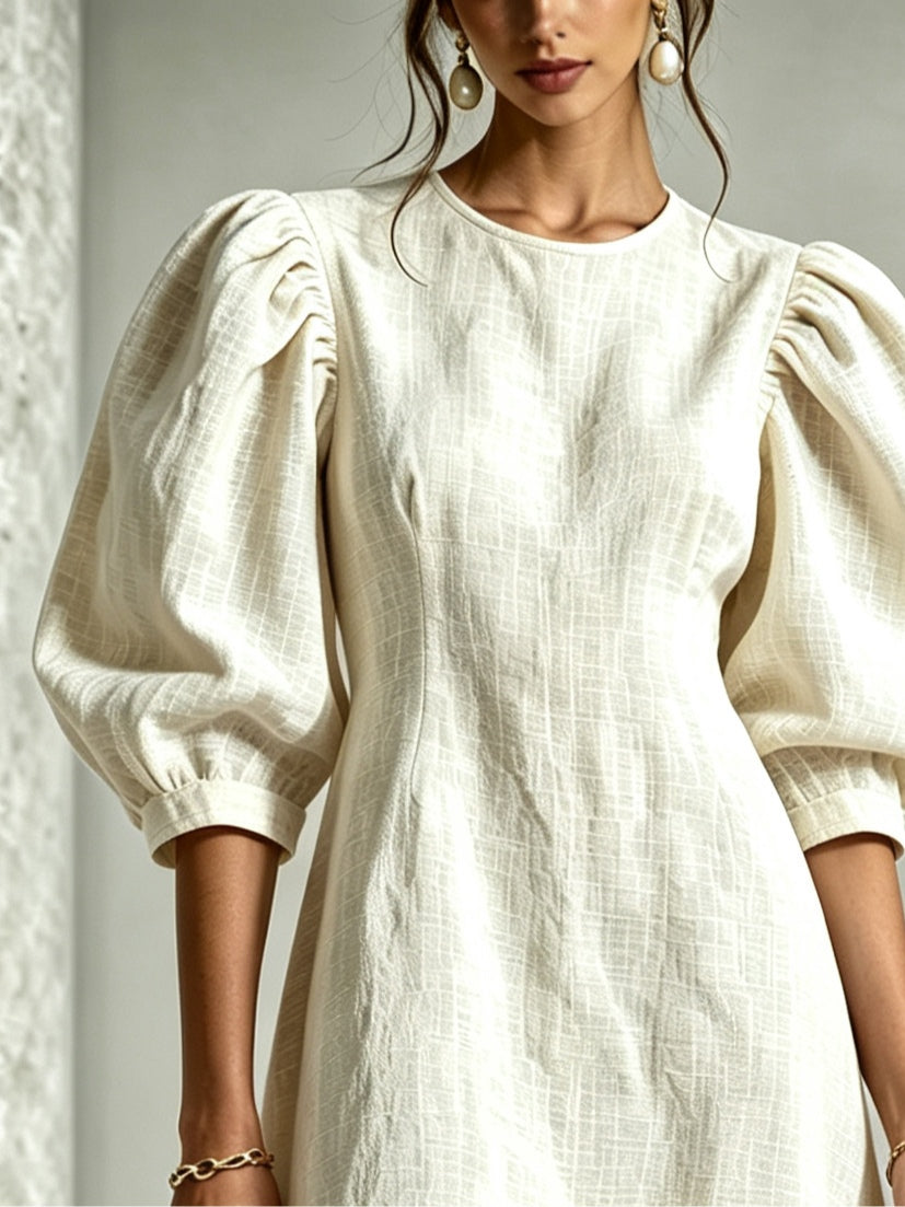 Cressida | 3D Floral Puff-Sleeve Cotton-Linen Dress