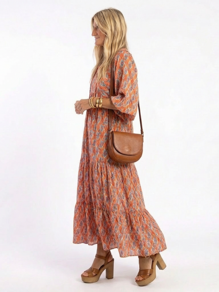 AMARA | GEOMETRIC PRINT V NECK TIERED MIDI DRESS