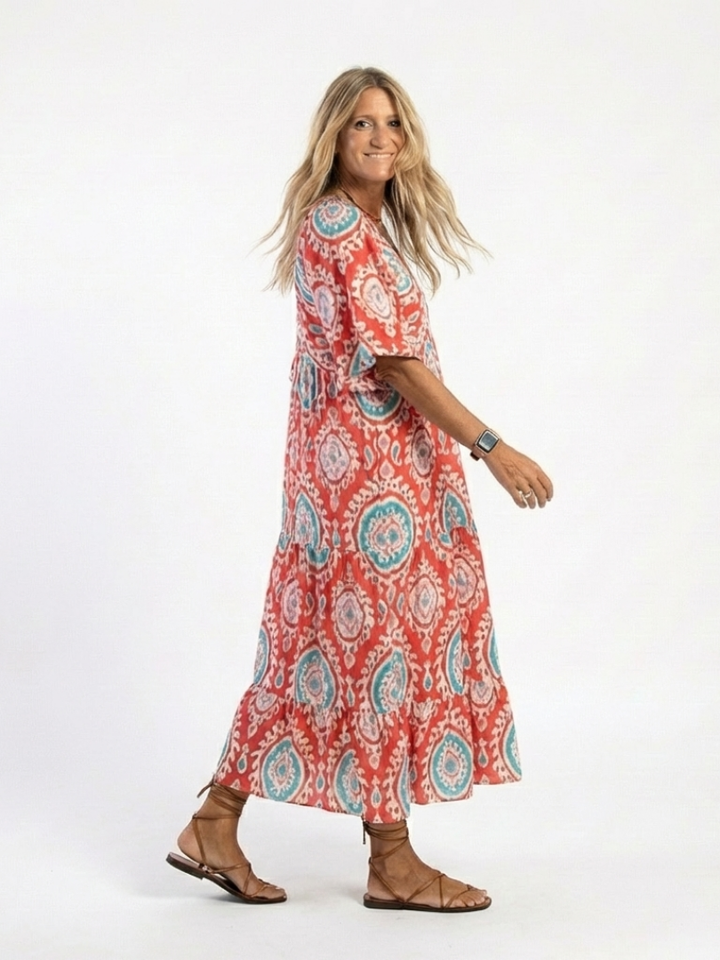 ZARIA | PAISLEY PRINT V NECK SHORT SLEEVE MIDI DRESS