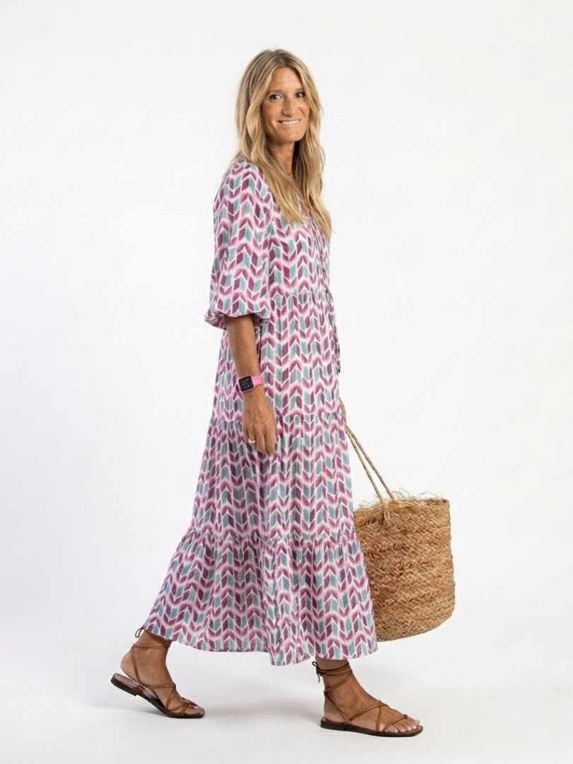 MIREYA | GEOMETRIC PRINT LONG SLEEVE TIERED MIDI DRESS