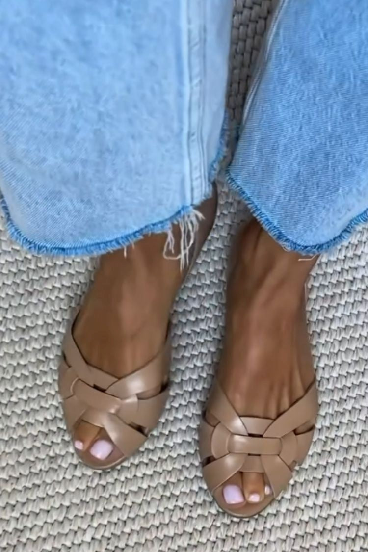 Woven peep toe ballerinas in faux leather with crossed straps and closed heel
