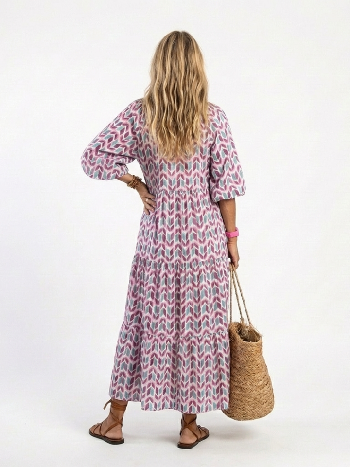 MIREYA | GEOMETRIC PRINT LONG SLEEVE TIERED MIDI DRESS