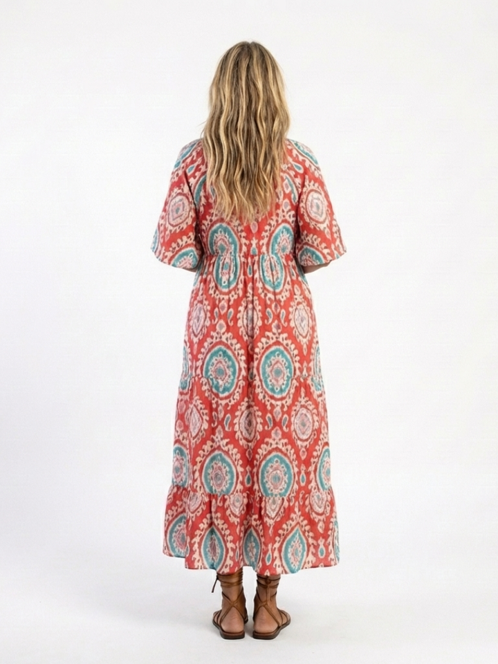 ZARIA | PAISLEY PRINT V NECK SHORT SLEEVE MIDI DRESS