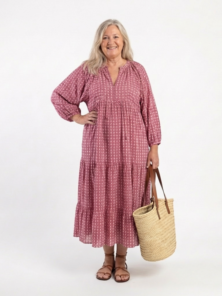 ARLETTE | GEOMETRIC PRINT LONG SLEEVE MIDI DRESS