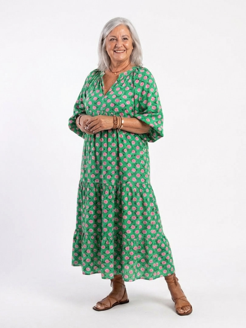 FIORA | FLORAL PRINT V NECK TIERED MIDI DRESS