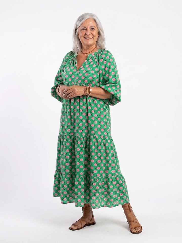 FIORA | FLORAL PRINT V NECK TIERED MIDI DRESS