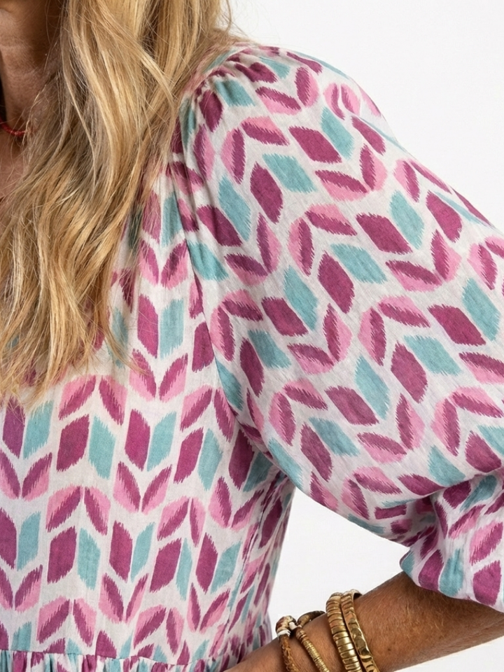 MIREYA | GEOMETRIC PRINT LONG SLEEVE TIERED MIDI DRESS