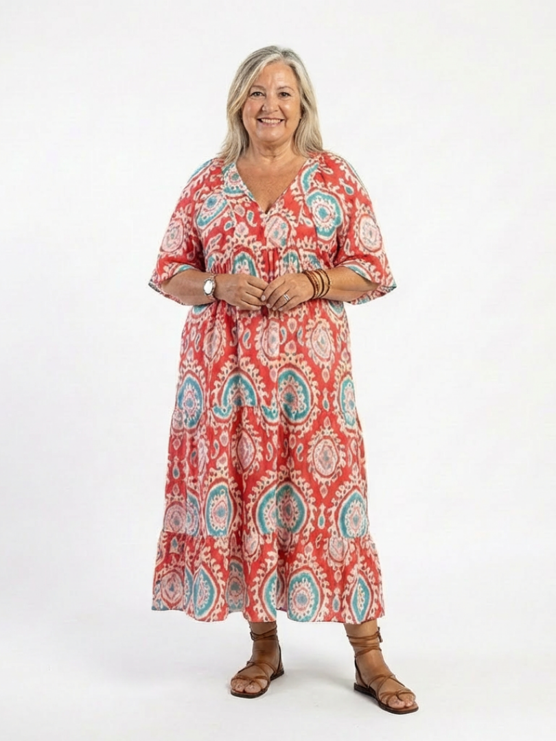 ZARIA | PAISLEY PRINT V NECK SHORT SLEEVE MIDI DRESS