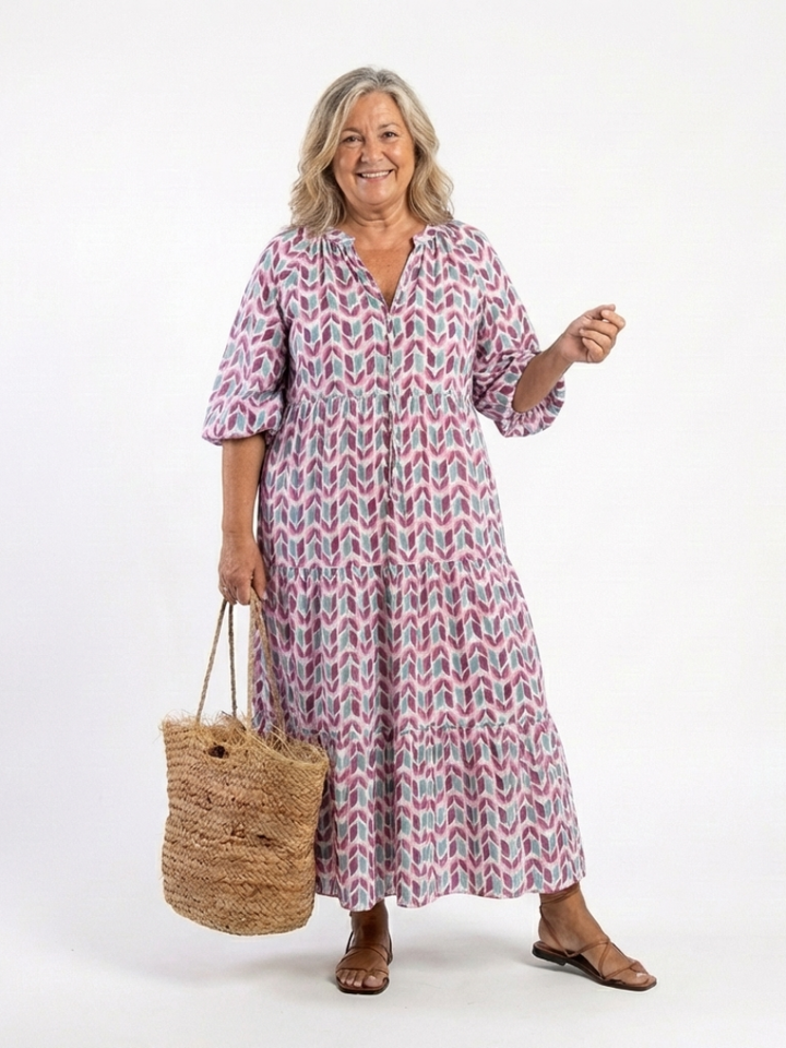 MIREYA | GEOMETRIC PRINT LONG SLEEVE TIERED MIDI DRESS