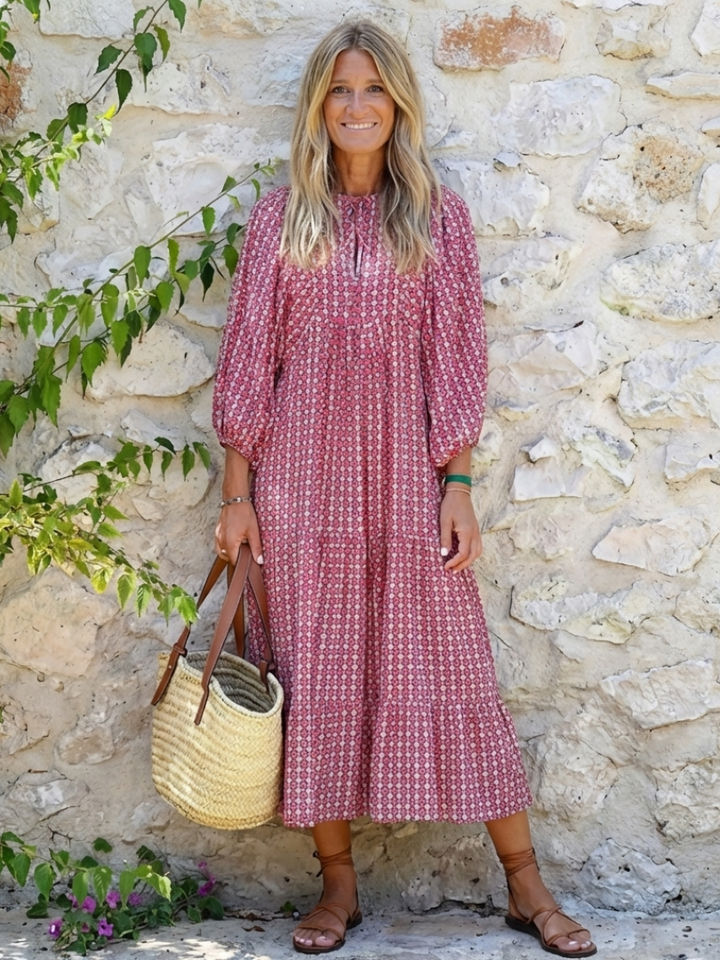 ARLETTE | GEOMETRIC PRINT LONG SLEEVE MIDI DRESS