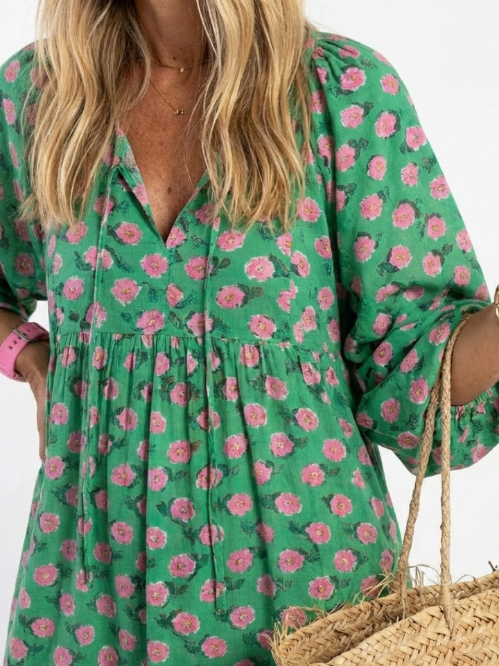 FIORA | FLORAL PRINT V NECK TIERED MIDI DRESS