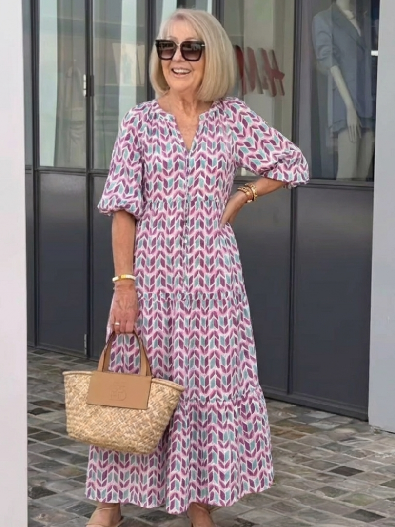 MIREYA | GEOMETRIC PRINT LONG SLEEVE TIERED MIDI DRESS