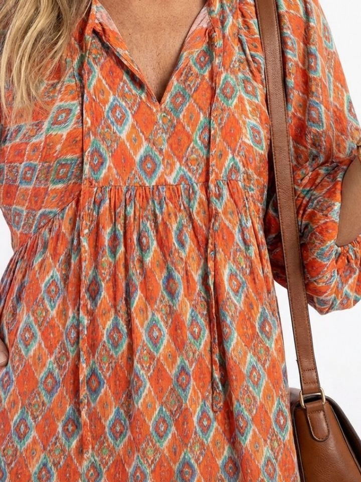 AMARA | GEOMETRIC PRINT V NECK TIERED MIDI DRESS