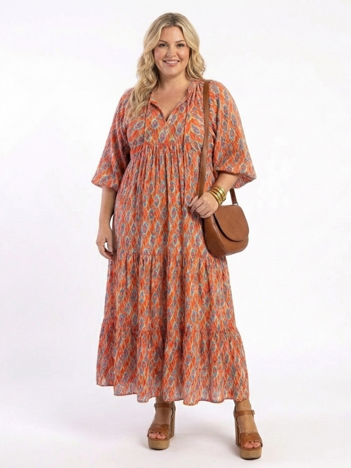 AMARA | GEOMETRIC PRINT V NECK TIERED MIDI DRESS