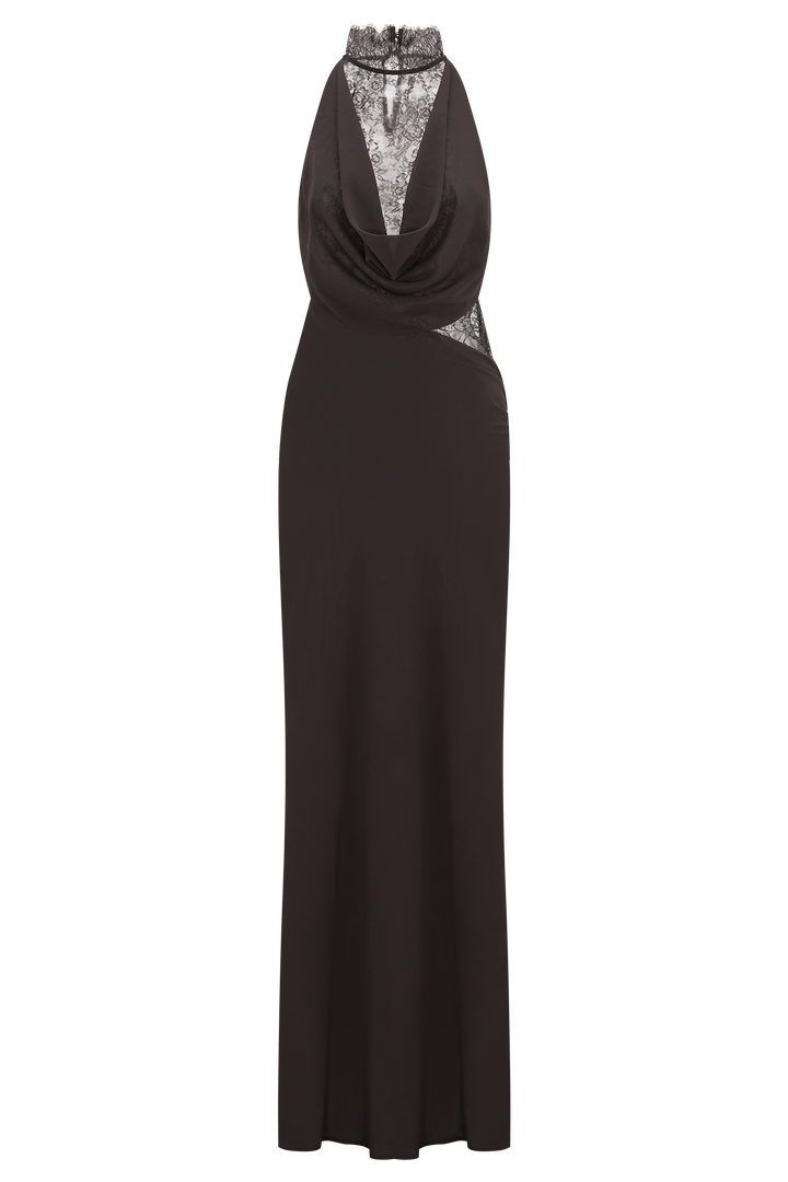 Arra Chiffon And Lace Halter Maxi Dress - Cacao Brown