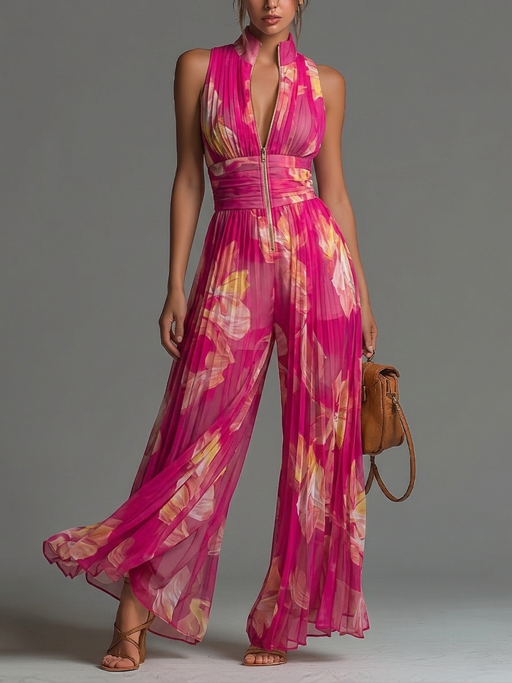 Serafina Jumpsuit | Fuchsia Floral Pleated Chiffon
