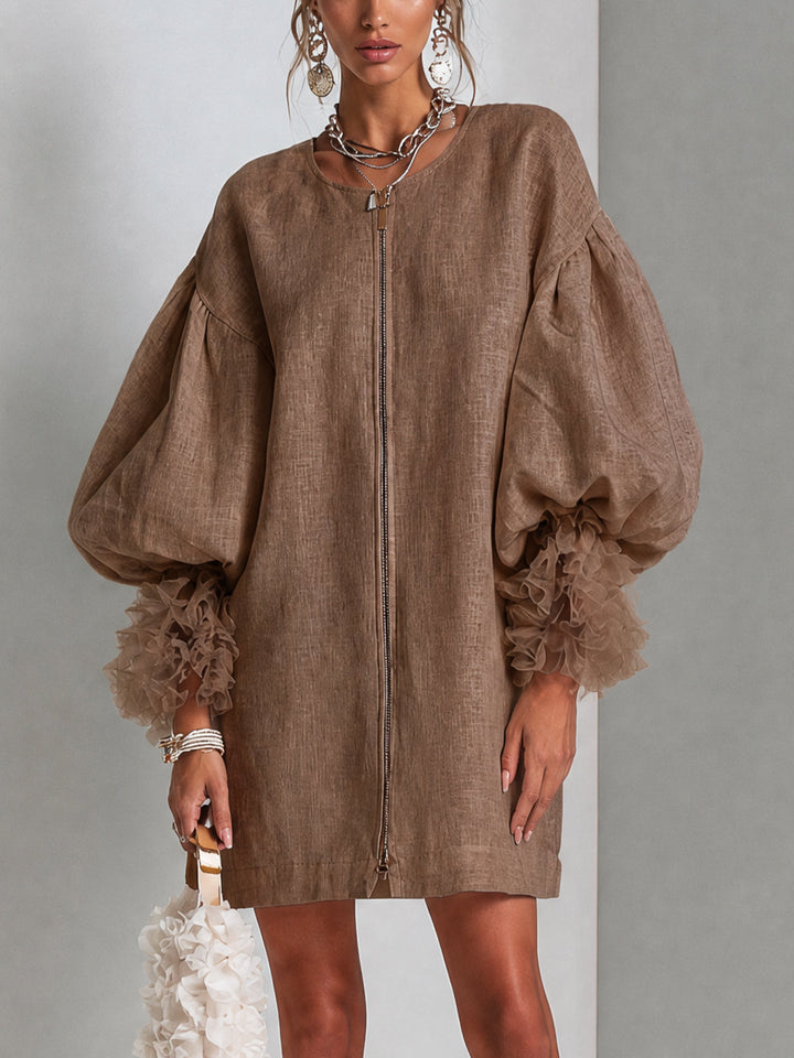 Wilhelmena | Zip-Front Balloon-Sleeve Dress with Ruffle Cuffs