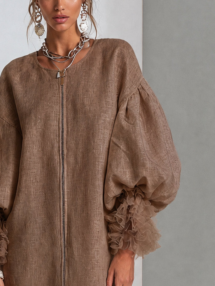 Wilhelmena | Zip-Front Balloon-Sleeve Dress with Ruffle Cuffs
