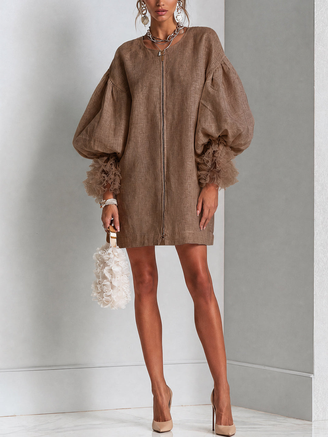 Wilhelmena | Zip-Front Balloon-Sleeve Dress with Ruffle Cuffs