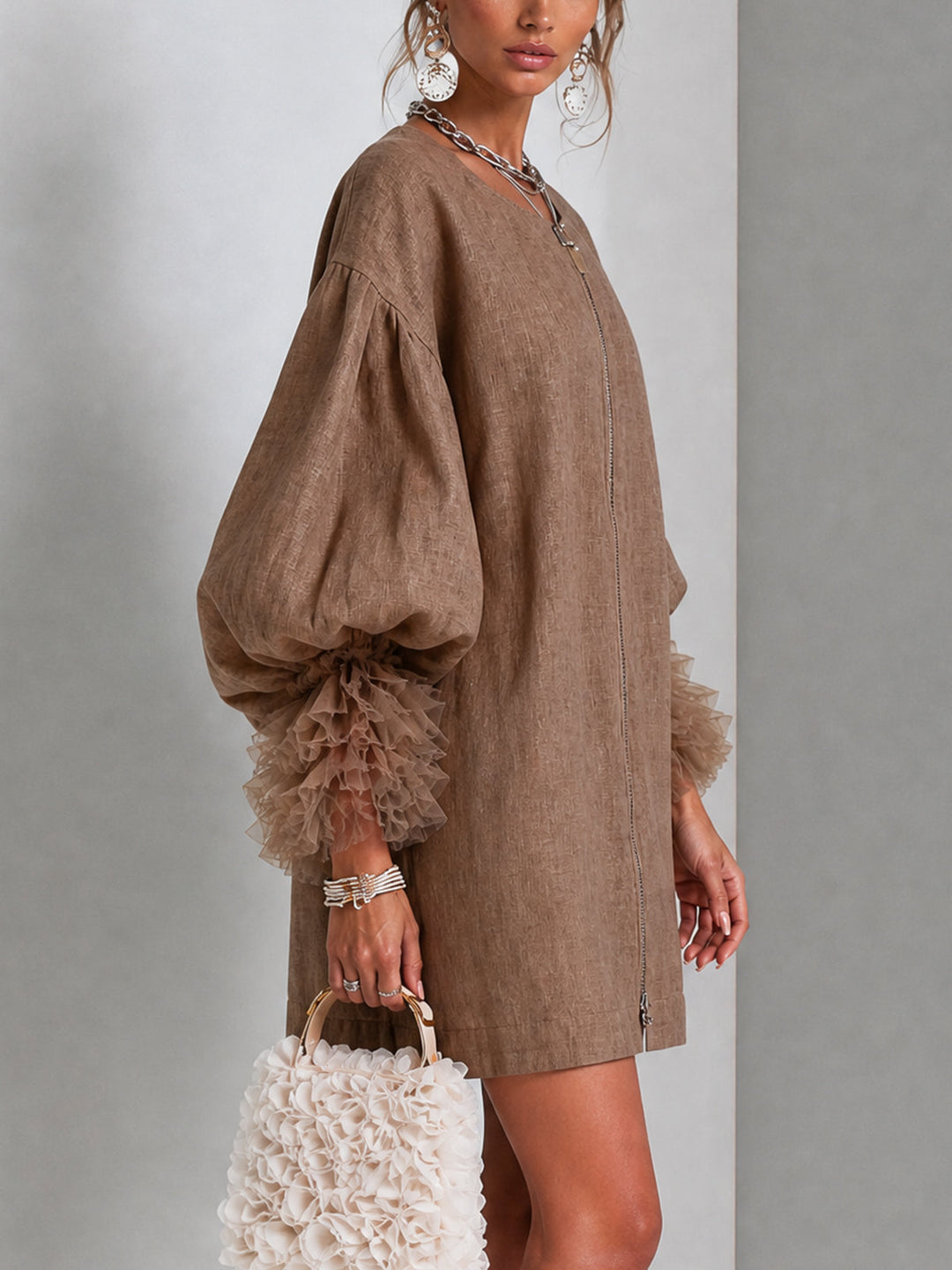 Wilhelmena | Zip-Front Balloon-Sleeve Dress with Ruffle Cuffs