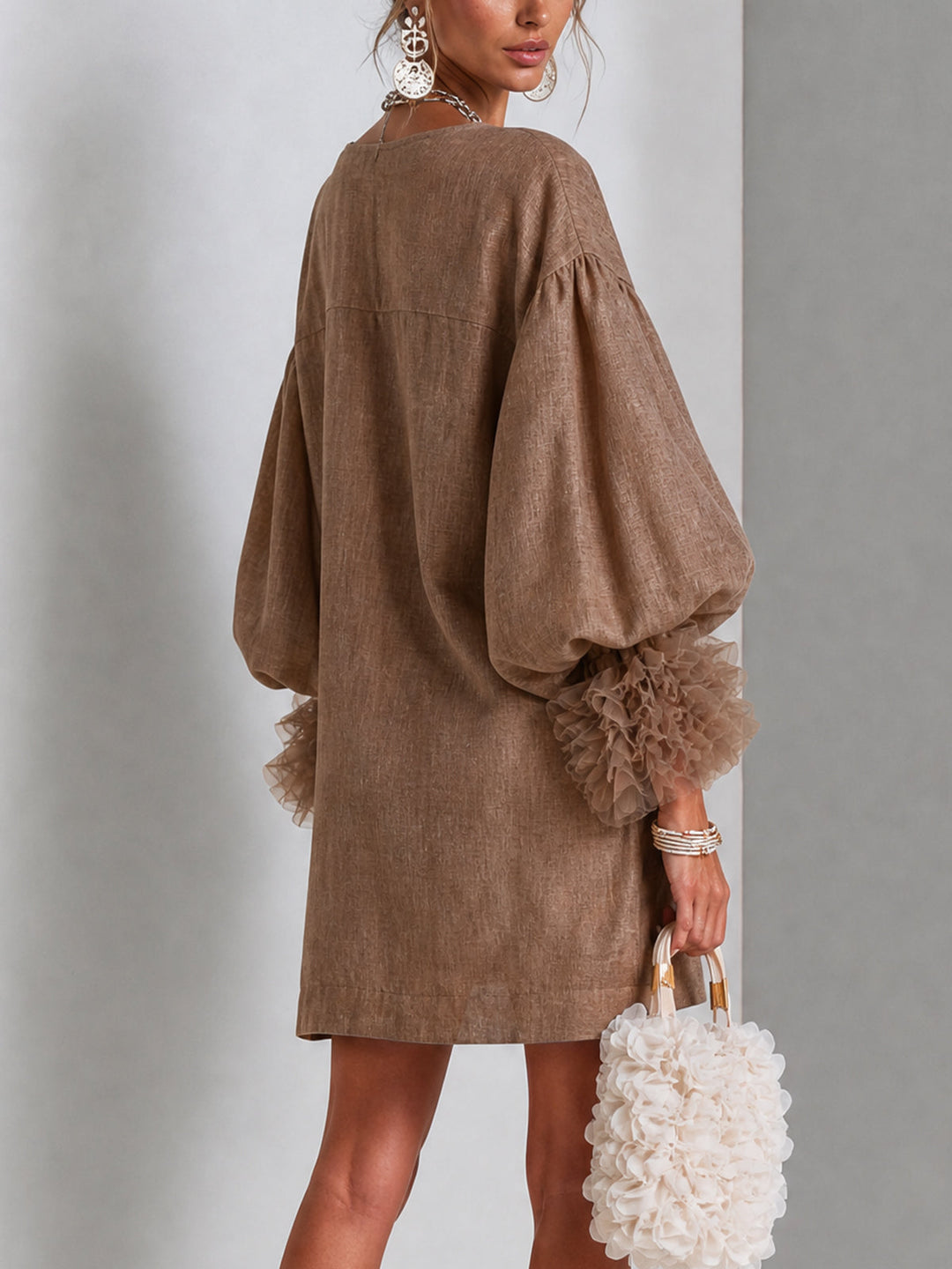 Wilhelmena | Zip-Front Balloon-Sleeve Dress with Ruffle Cuffs