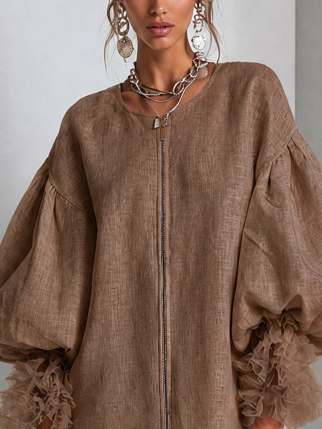 Wilhelmena | Zip-Front Balloon-Sleeve Dress with Ruffle Cuffs