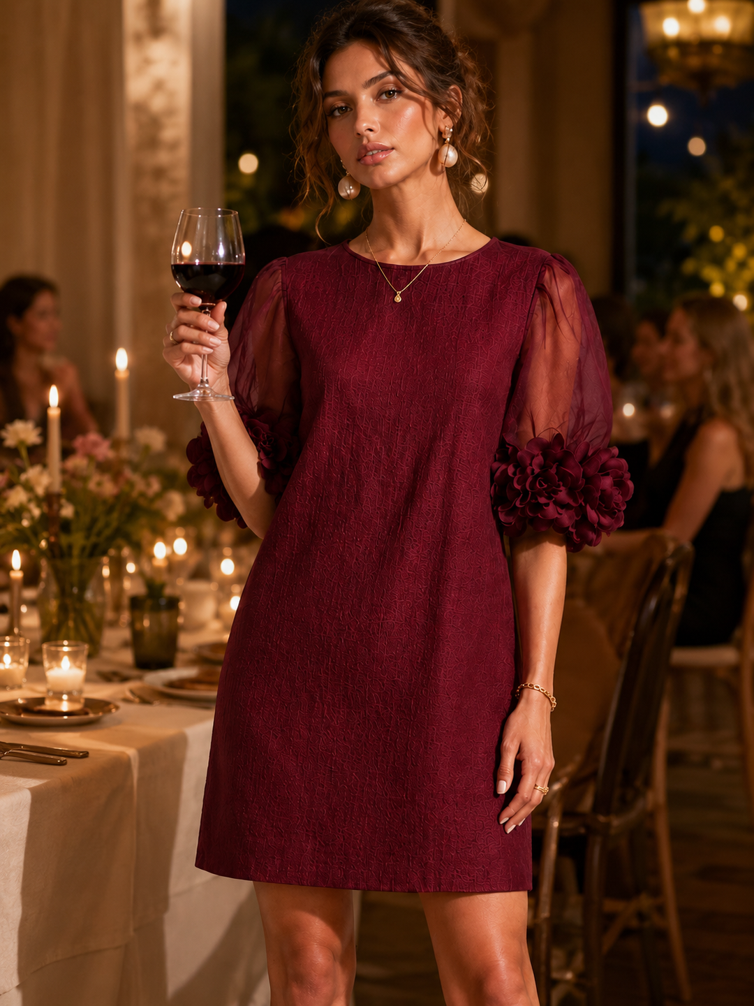 Marisol | Organza Puff-Sleeve Floral-Cuff Dress