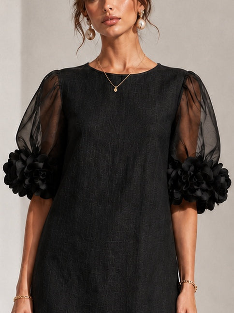 Marisol | Organza Puff-Sleeve Floral-Cuff Dress
