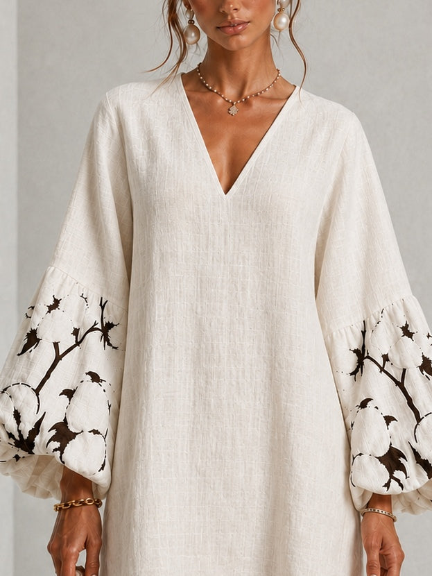 Marguerite | V-Neck Lantern-Sleeve Floral Print Dress
