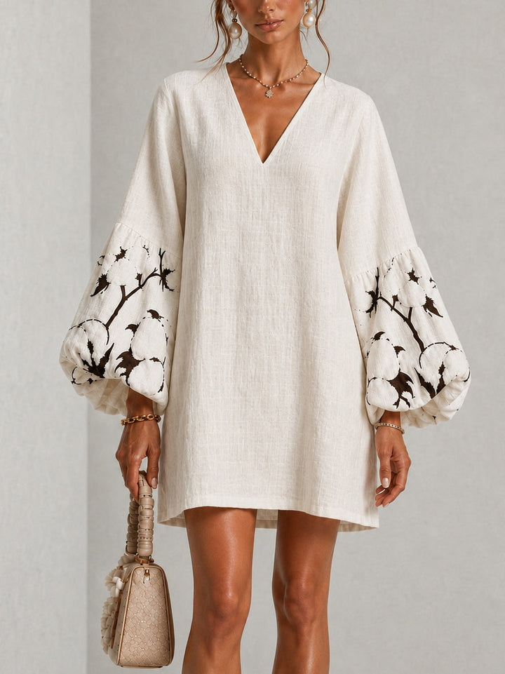 Marguerite | V-Neck Lantern-Sleeve Floral Print Dress