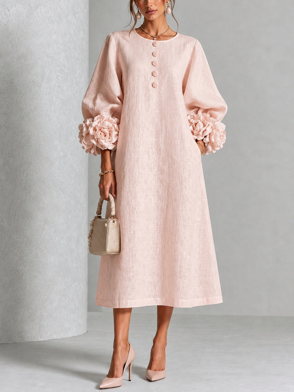 Theodosia | Rosette-Cuff Button Midi Dress