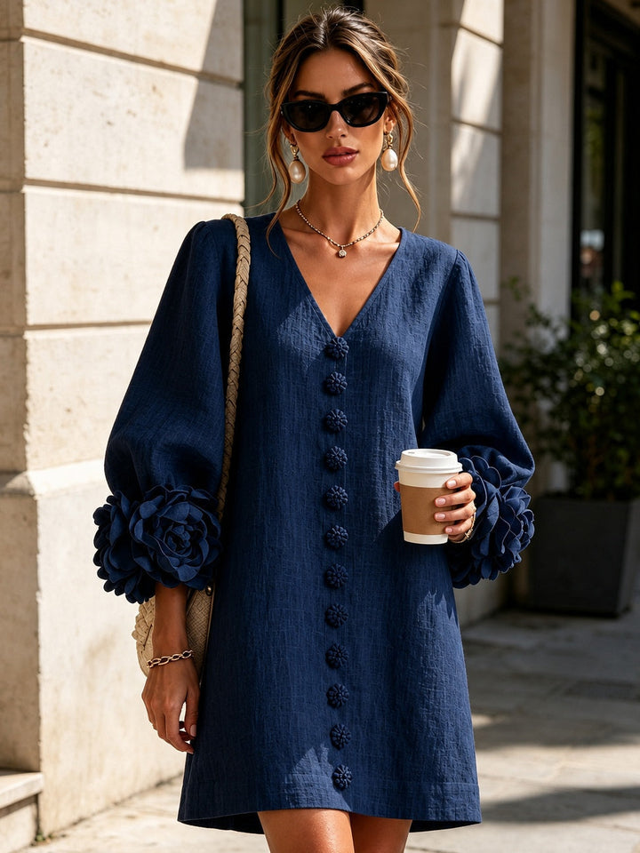 Perpetua | V-Neck Rosette-Cuff Button Dress