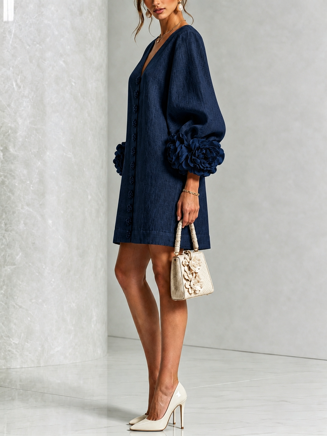 Perpetua | V-Neck Rosette-Cuff Button Dress