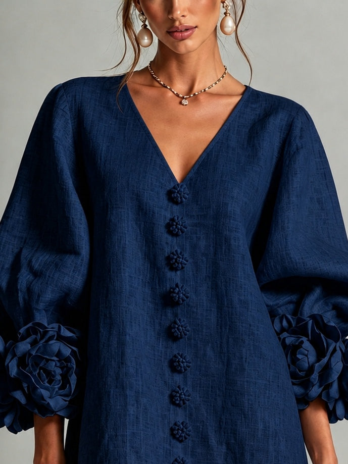 Perpetua | V-Neck Rosette-Cuff Button Dress