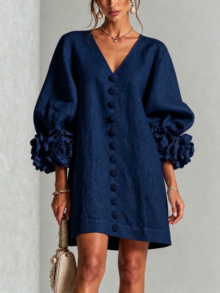 Perpetua | V-Neck Rosette-Cuff Button Dress