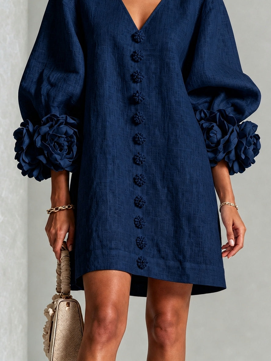 Perpetua | V-Neck Rosette-Cuff Button Dress