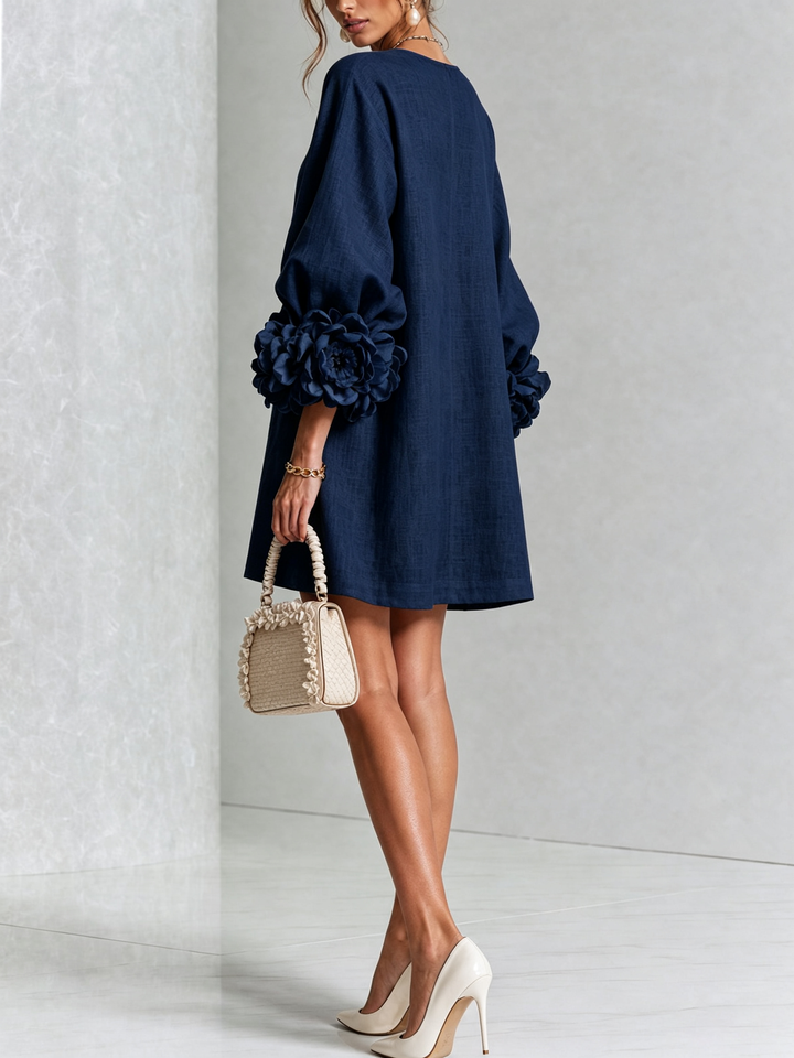 Perpetua | V-Neck Rosette-Cuff Button Dress
