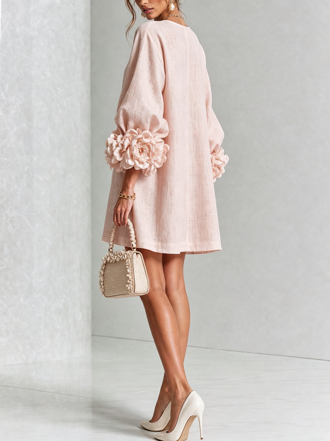 Perpetua | V-Neck Rosette-Cuff Button Dress