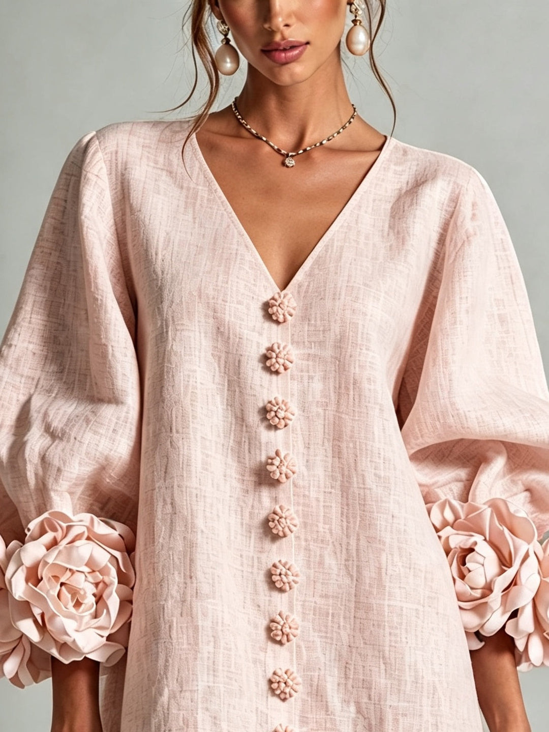 Perpetua | V-Neck Rosette-Cuff Button Dress