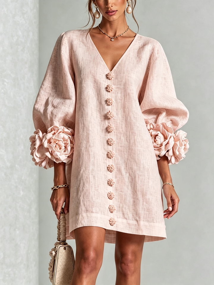 Perpetua | V-Neck Rosette-Cuff Button Dress