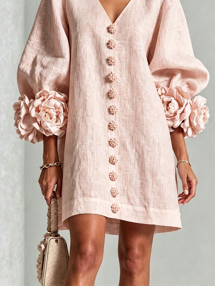 Perpetua | V-Neck Rosette-Cuff Button Dress