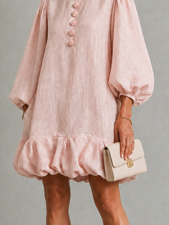 Anneliese | Button-Front Puff-Sleeve Dress with Ruffled Hem