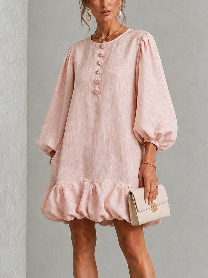 Anneliese | Button-Front Puff-Sleeve Dress with Ruffled Hem