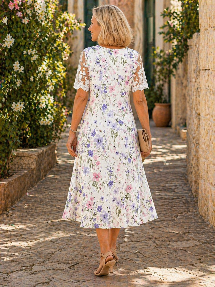 Edith | Lace Sleeve Floral Midi Dress