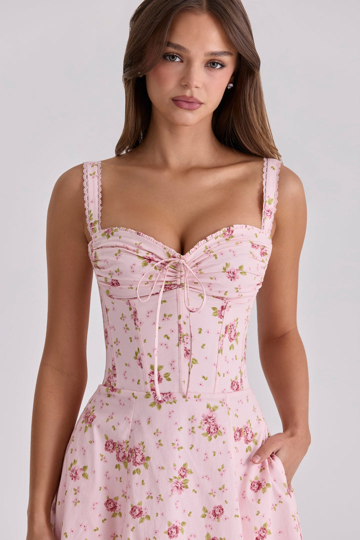 Vintage Rose Pink Floral Print Midi Dress